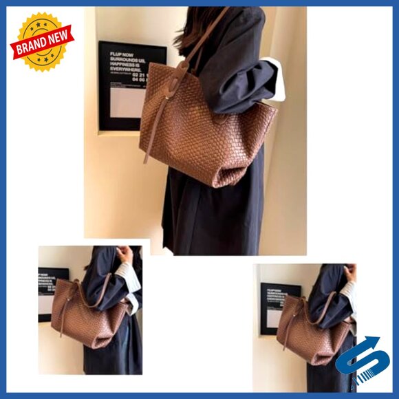 Large Leather Woven Tote Shoulder Bag Top Handle Satchel Work Bag - Picture 4 of 7